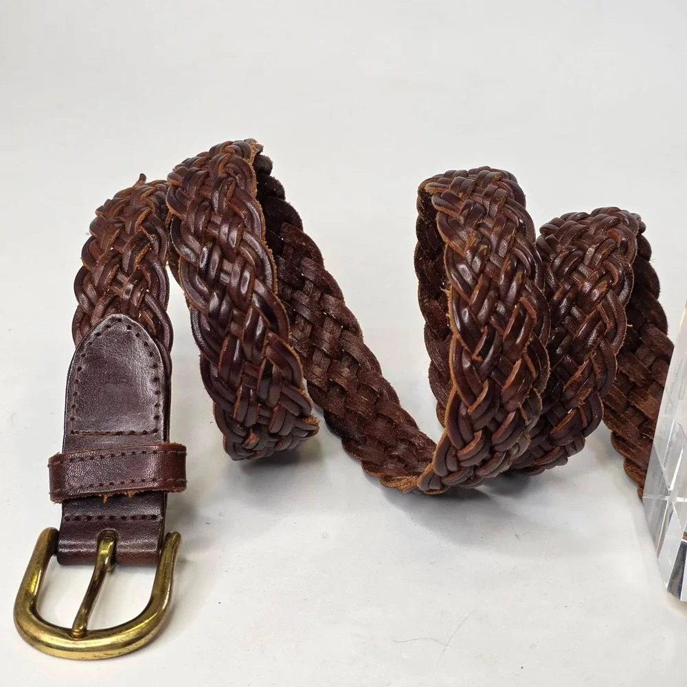 GreatLand Men's Braided Leather Belt Dark Brown Solid Brass Buckle 444-226 L